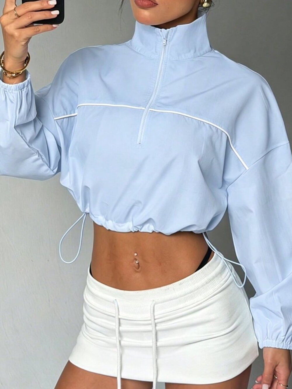 Blue Casual Women's Half-Zip Sweatshirt with Contrast Panels and Drawstring Hem
